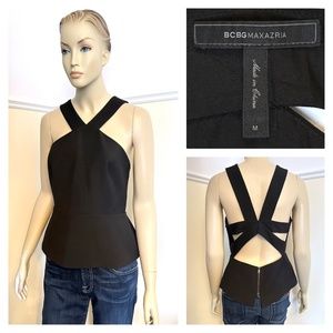 BCBG Maxazria Makenlee black cutout peplum top